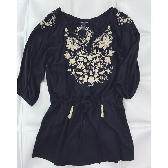 Lucky Brand Sz XS Black Floral Embroidered Tassel Drawstring Tunic Dress Peasant - Picture 11 of 11